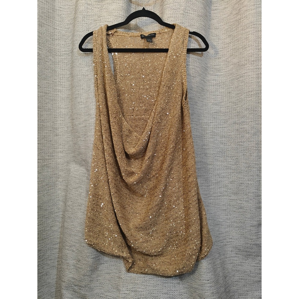 INC International Concepts Gold Sequin Draped Cowl Neck Knit Tank Top Womens M